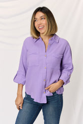 Zenana Women's Textured Button-Up Raw Hem Long Sleeve Cotton Shirt